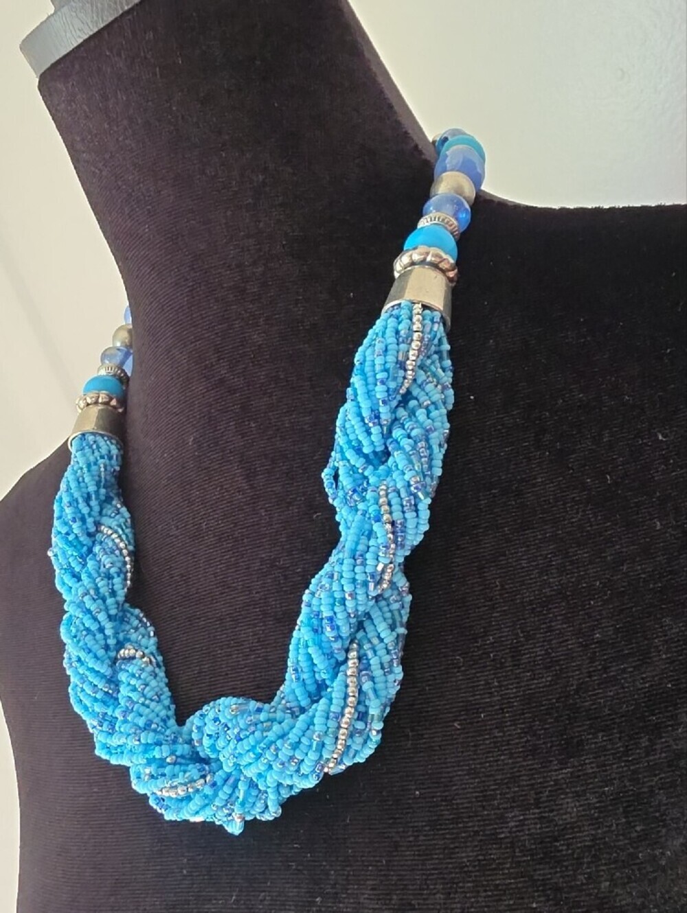 Handmade Turquoise Blue Beaded Twist Necklace - Picture 5 of 7